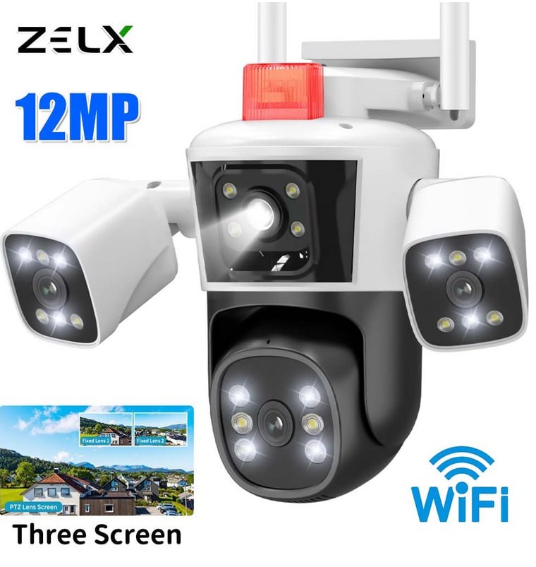 HD 파노라마 뷰 와이파이 카메라 3 렌즈 3 PTZ 야외 보안 캠 360 ° 자동 추적 비디오 감시 CCTV 12MP